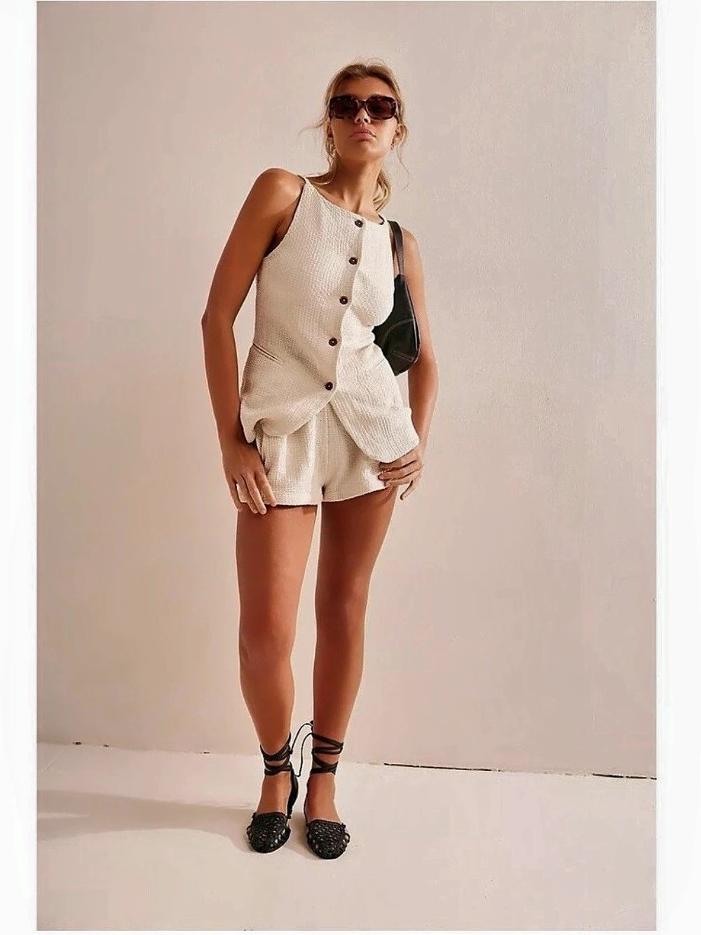 Free People Cream Button-Front Vest & Shorts Set Like New